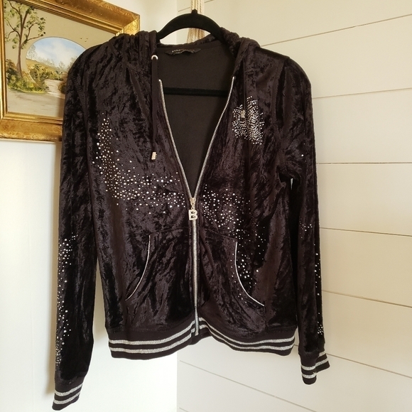 Vintage Y2K BCBGMaxazria Black Studded Spell Out Bling Velour Track Jacket M - Picture 1 of 7